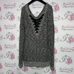 Love & legend sweater corset lace up black lace detail black and cream grey knit